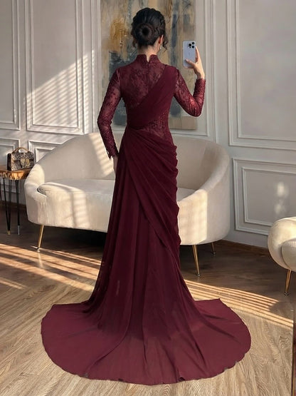 Luxury Wine Red High Neck Beaded Lace Mermaid Evening Dress LA73407B SERENE HILL