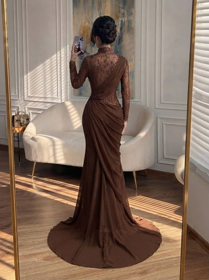Luxury Wine Red High Neck Beaded Lace Mermaid Evening Dress LA73407B SERENE HILL