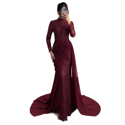 Luxury Wine Red High Neck Beaded Lace Mermaid Evening Dress LA73407B SERENE HILL