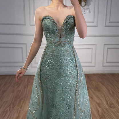 Luxury Turquoise Strapless Beaded Mermaid Evening Dress With Skirt LA73409
