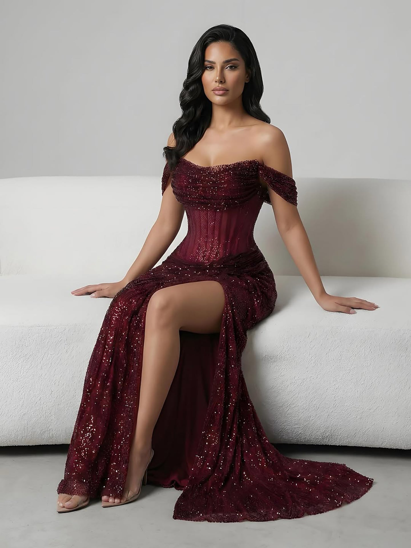 Luxury Silver Diamond Corset Off Shoulder Mermaid Evening Dress LA73410 - SERENE  HILL