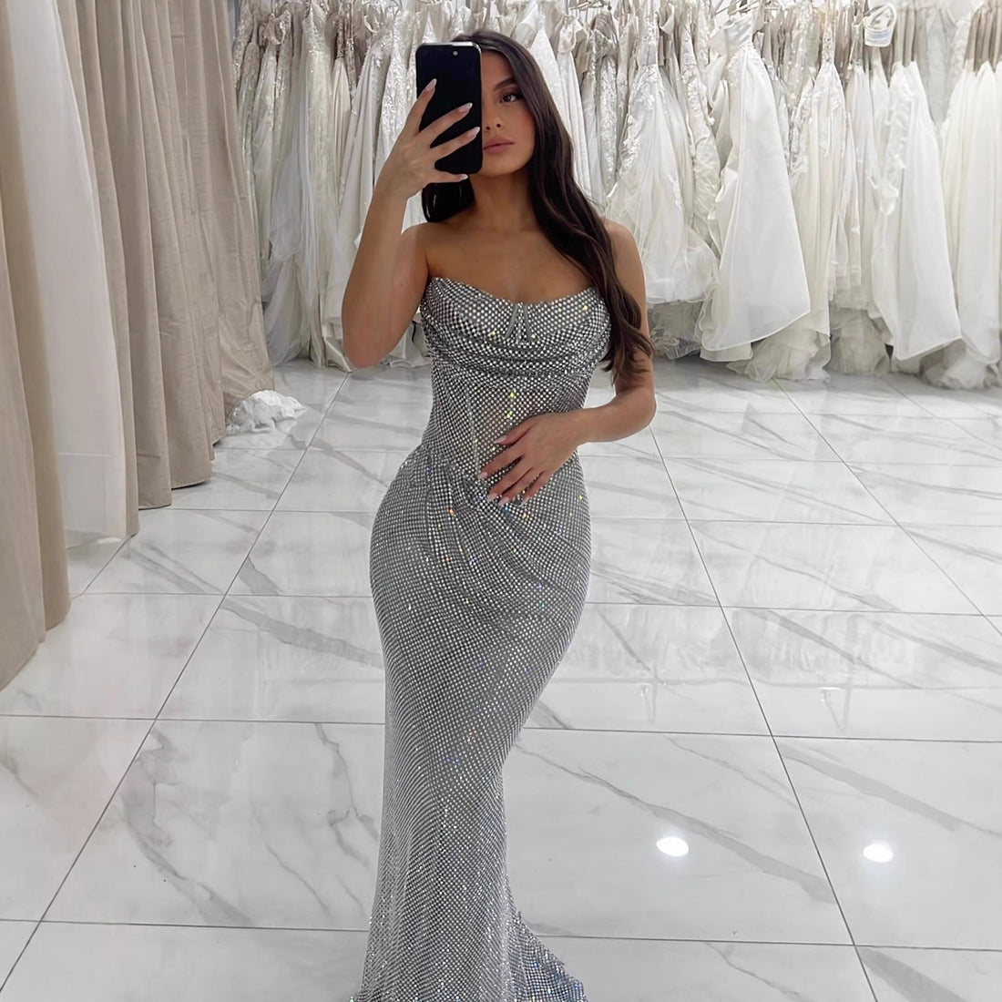 Luxury Silver Beaded Strapless Mermaid Evening Dress LA73410A - SERENE  HILL