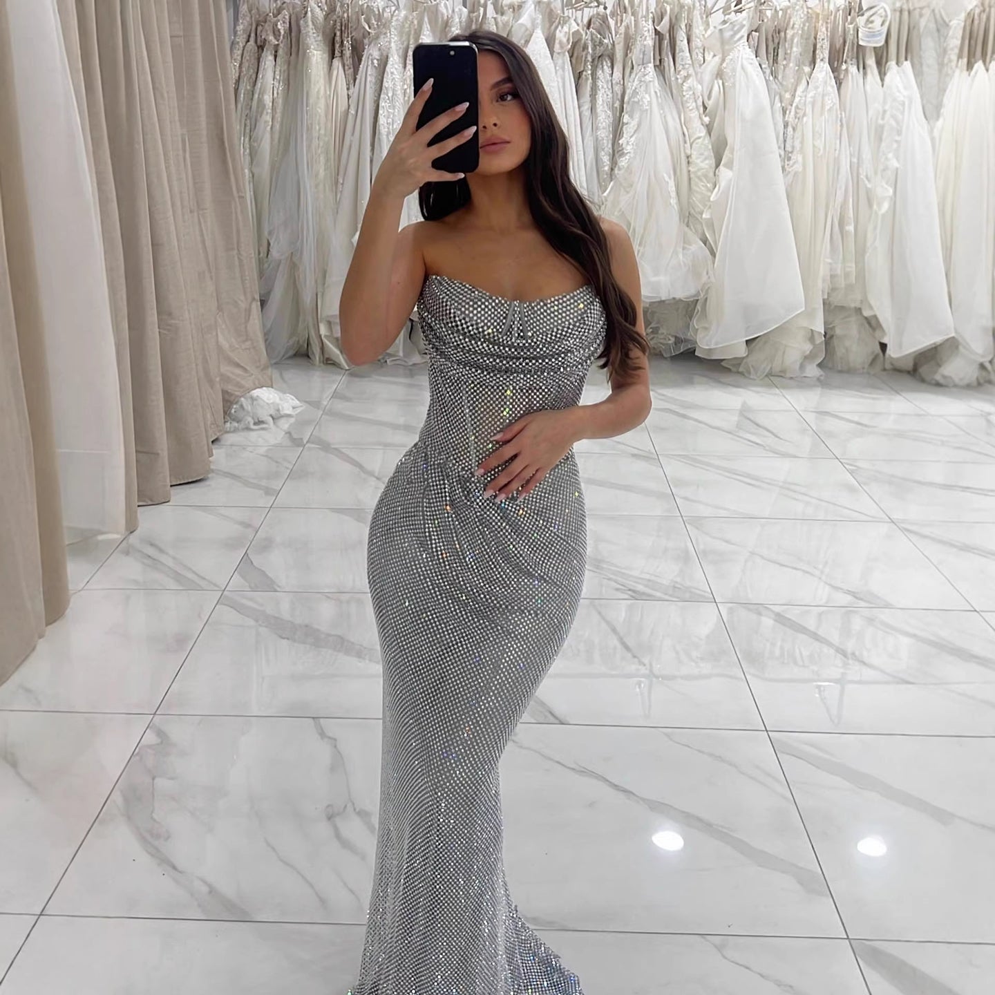 Luxury Silver Beaded Strapless Mermaid Evening Dress LA73410A - SERENE  HILL