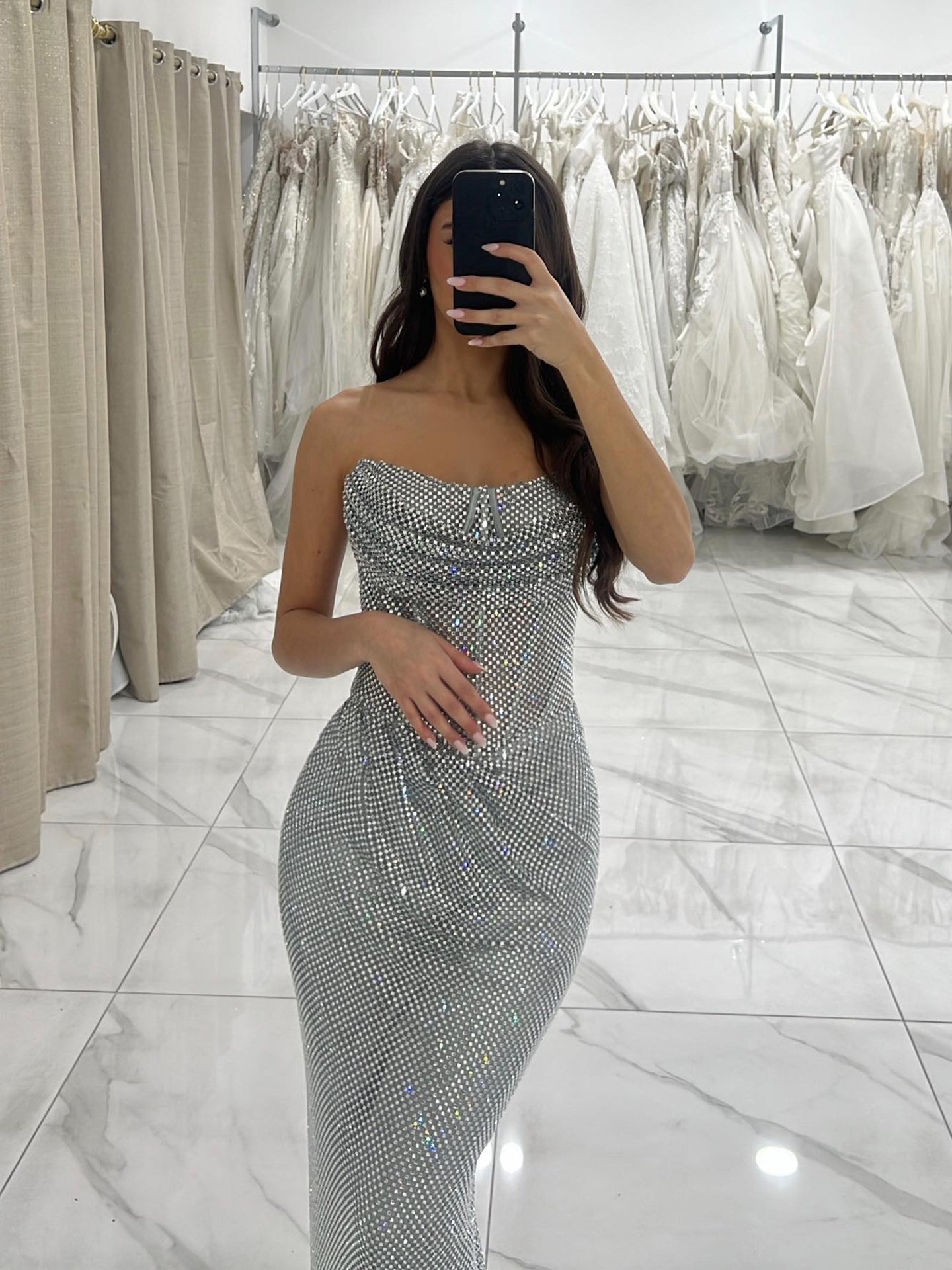 Luxury Silver Beaded Strapless Mermaid Evening Dress LA73410A - SERENE  HILL