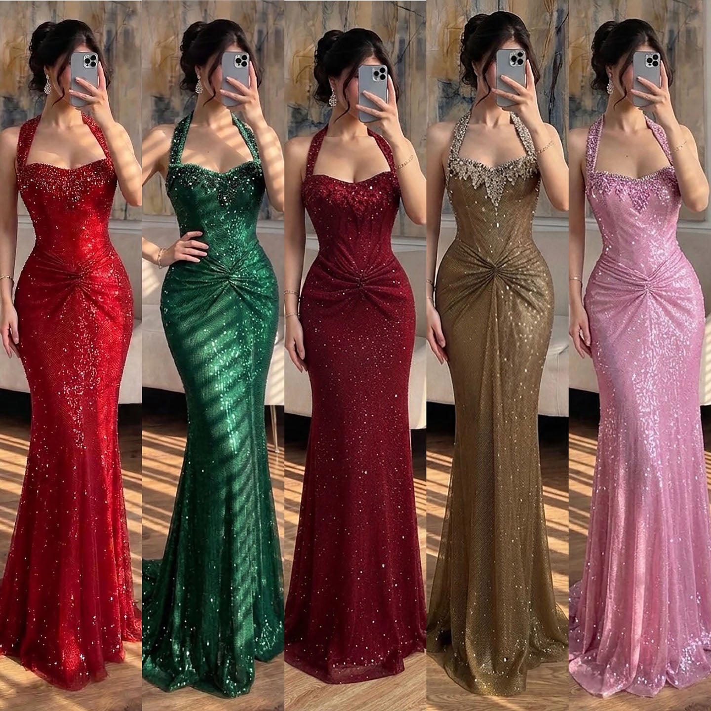 Luxury Gold Halter Crystal Beaded Mermaid Evening Dress LA73410B SERENE HILL