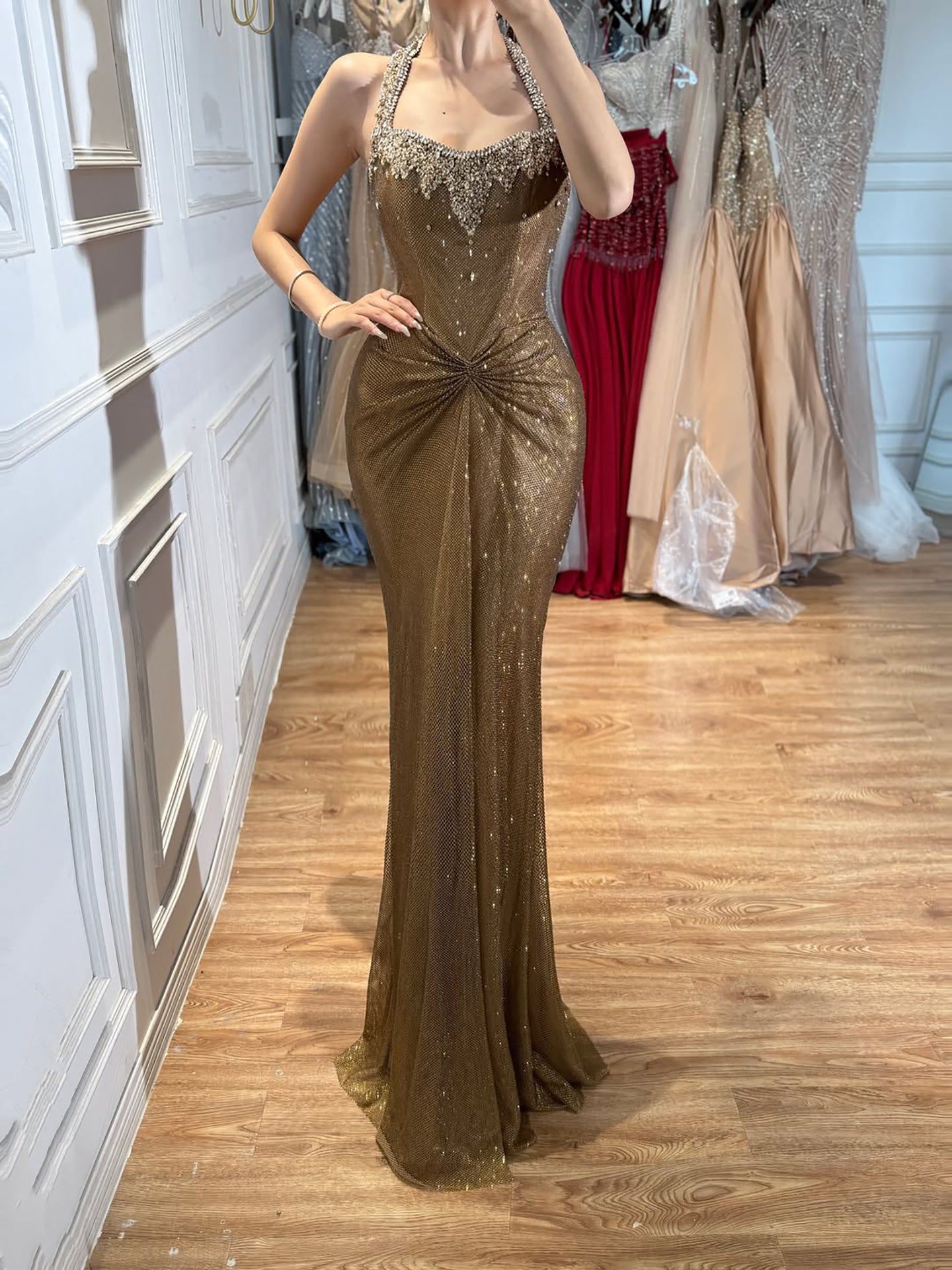 Luxury Gold Halter Crystal Beaded Mermaid Evening Dress LA73410B Gold / 6