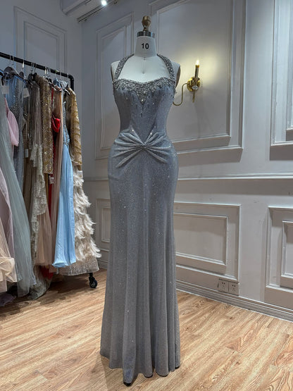 Luxury Gold Halter Crystal Beaded Mermaid Evening Dress LA73410B