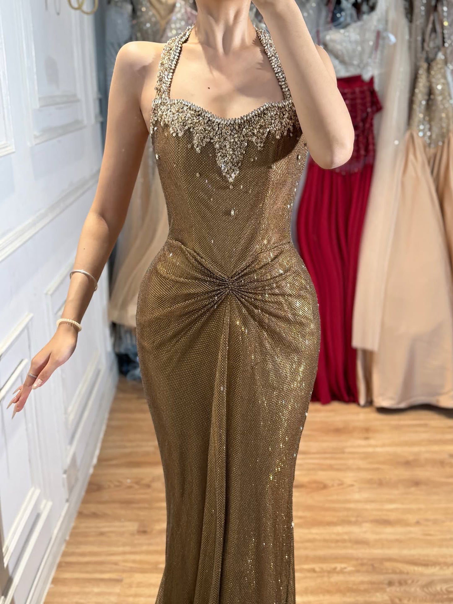 Luxury Gold Halter Crystal Beaded Mermaid Evening Dress LA73410B SERENE HILL