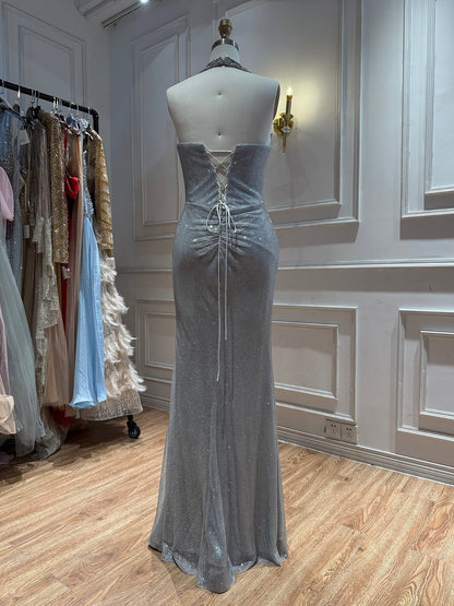 Luxury Gold Halter Crystal Beaded Mermaid Evening Dress LA73410B