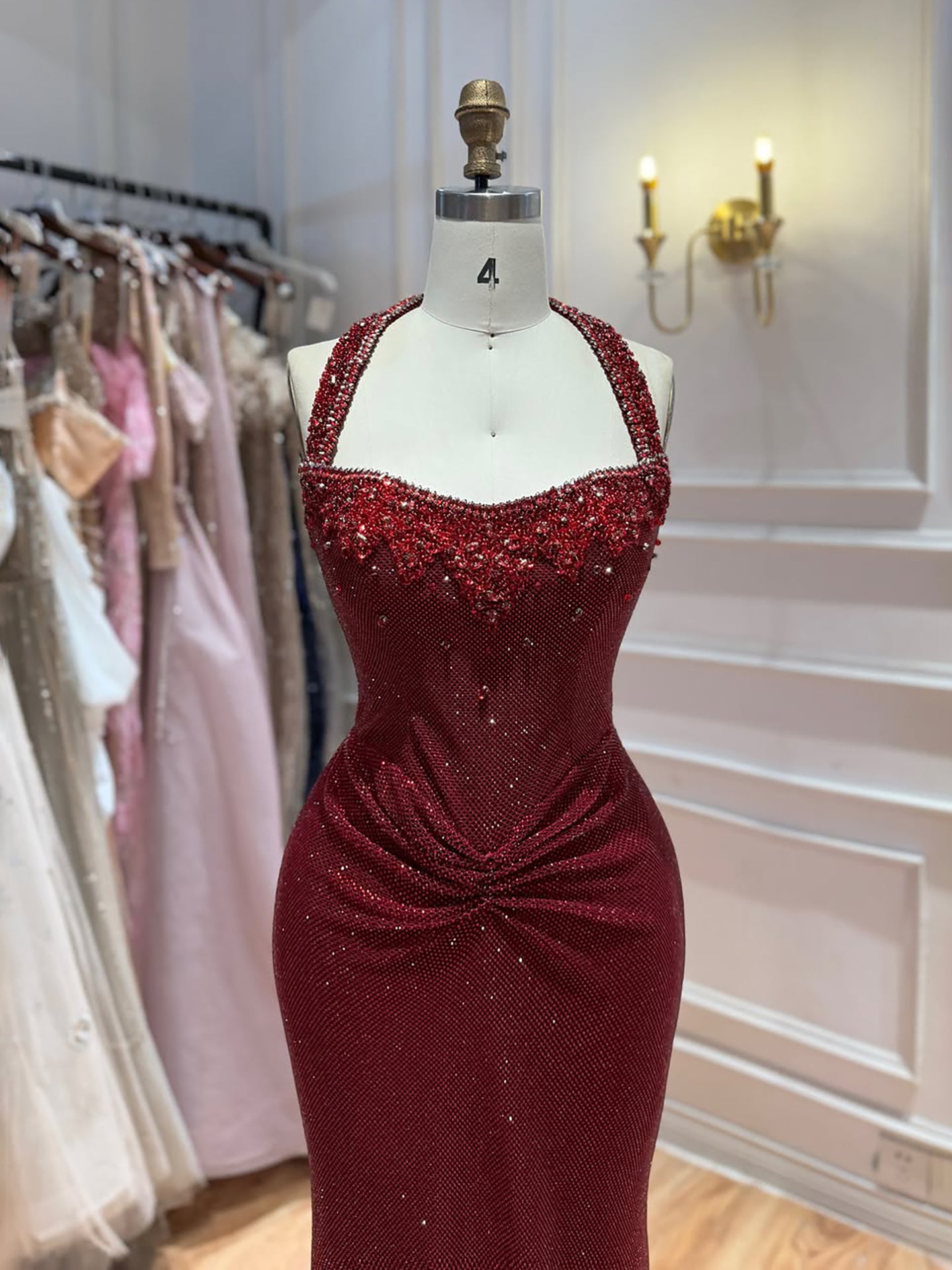 Luxury Gold Halter Crystal Beaded Mermaid Evening Dress LA73410B SERENE HILL