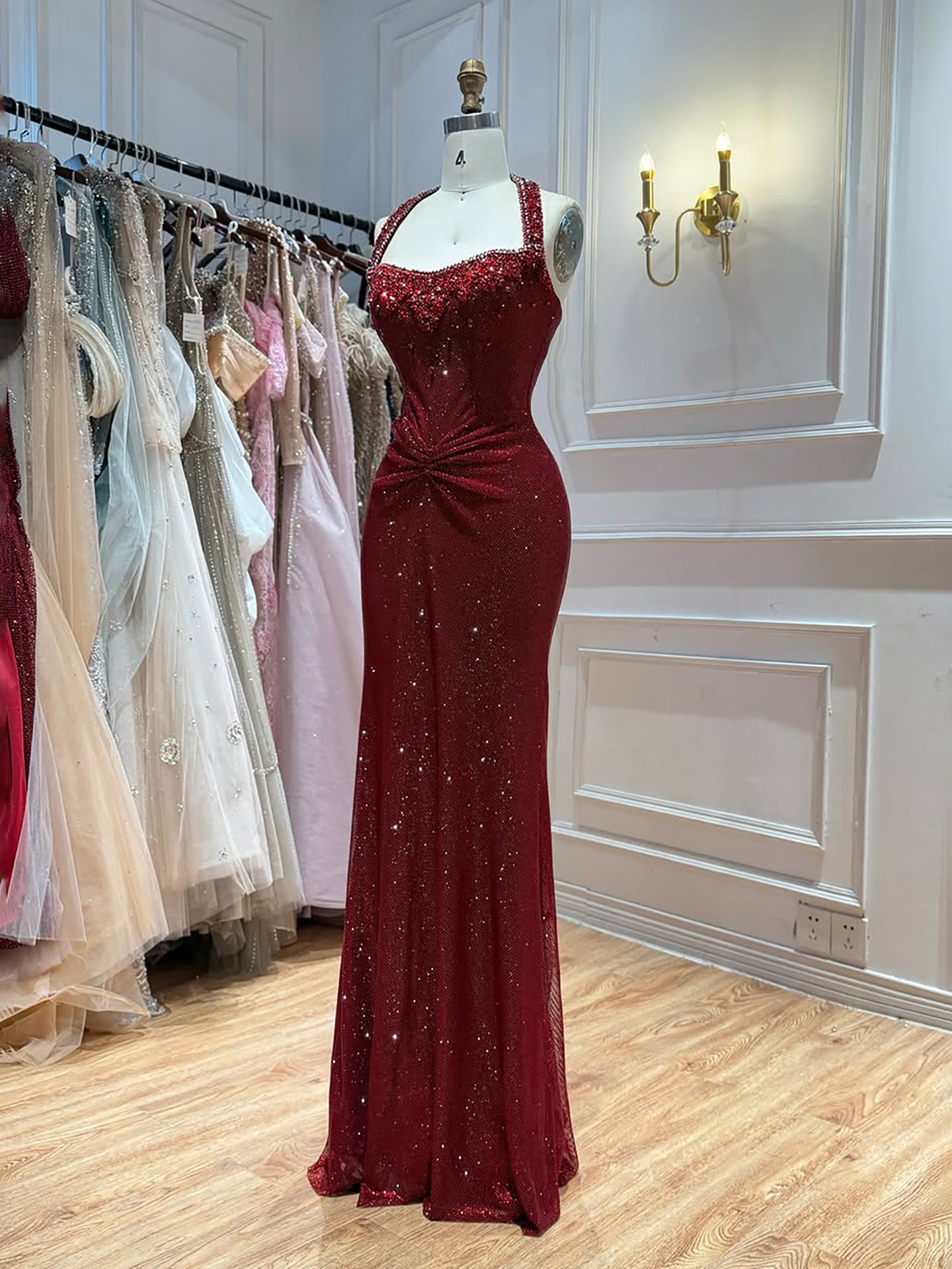 Luxury Gold Halter Crystal Beaded Mermaid Evening Dress LA73410B SERENE HILL