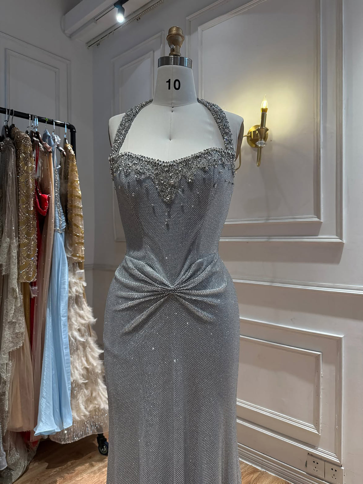 Luxury Gold Halter Crystal Beaded Mermaid Evening Dress LA73410B