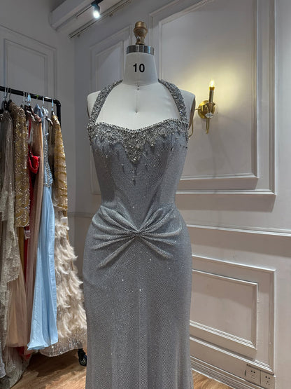 Luxury Gold Halter Crystal Beaded Mermaid Evening Dress LA73410B