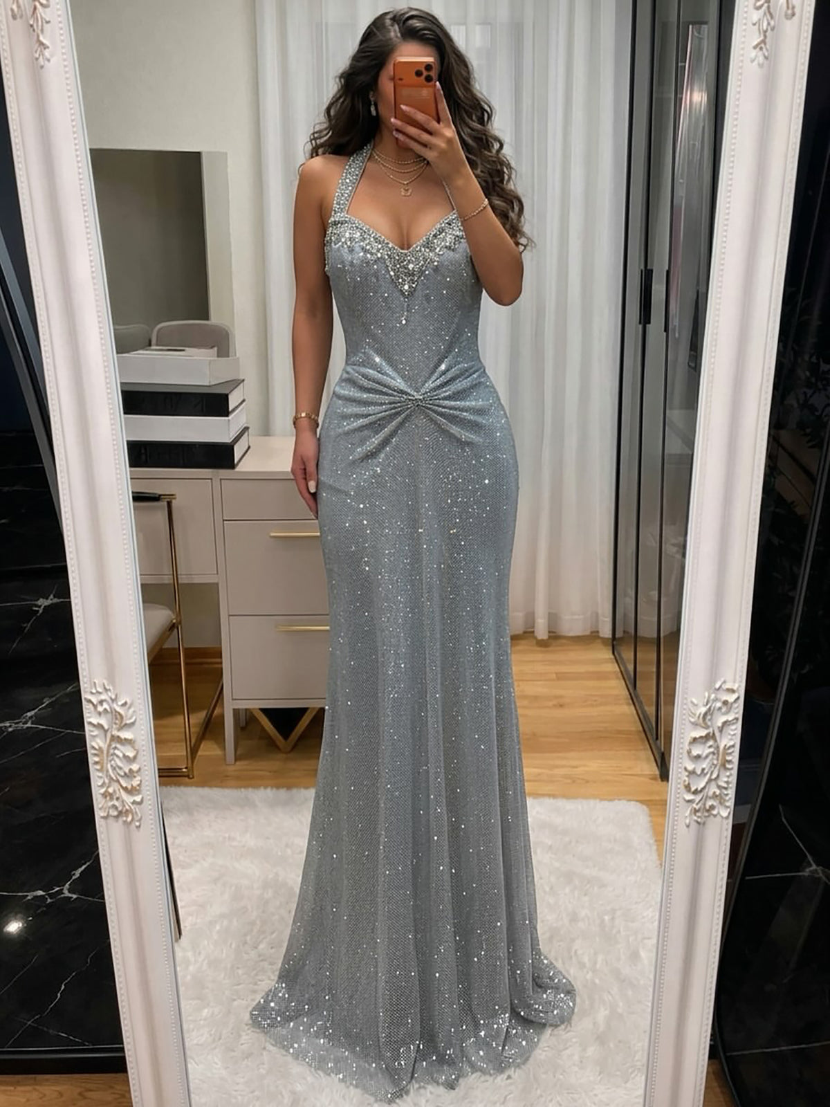Luxury Gold Halter Crystal Beaded Mermaid Evening Dress LA73410B