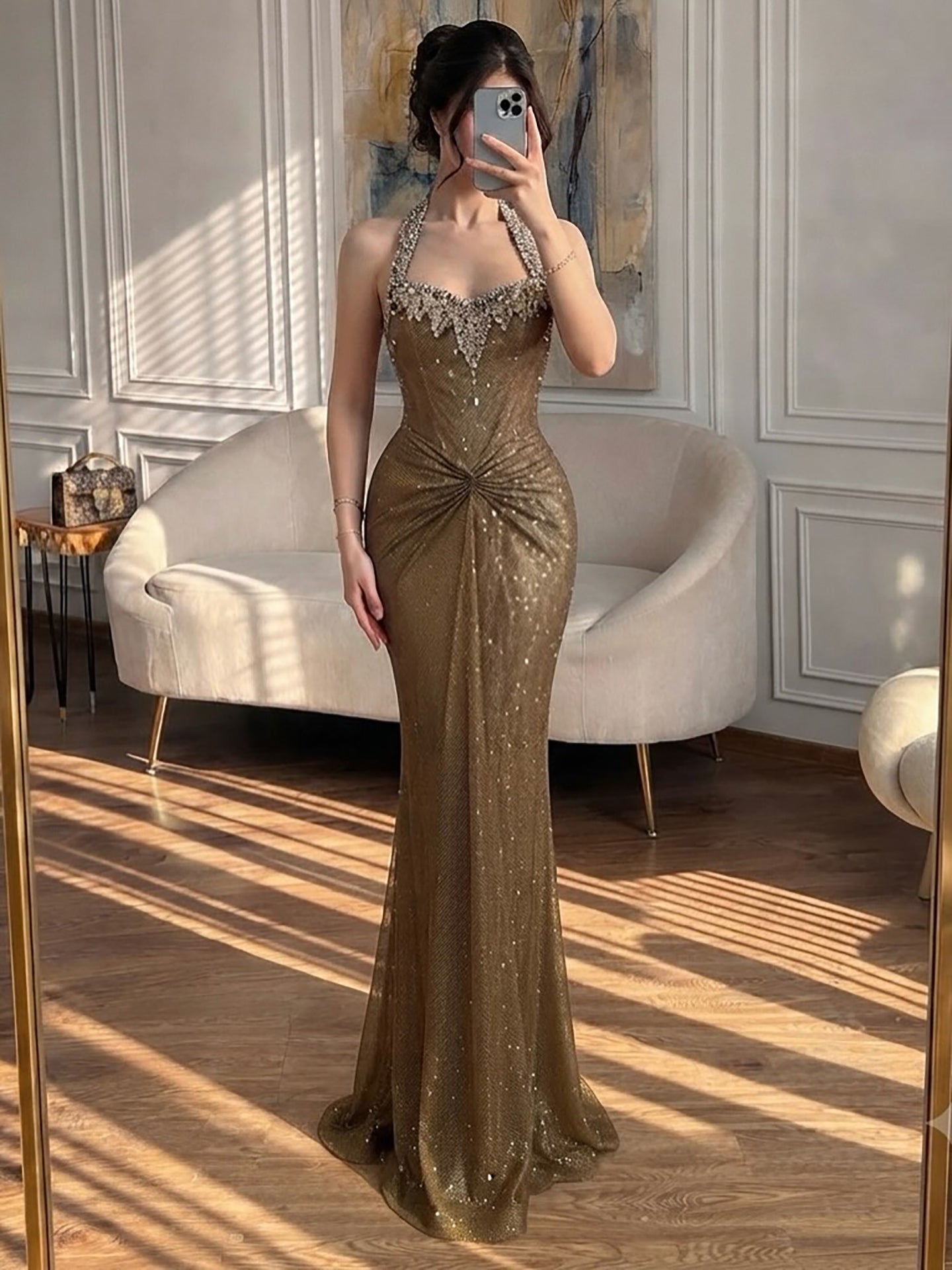Luxury Gold Halter Crystal Beaded Mermaid Evening Dress LA73410B SERENE HILL