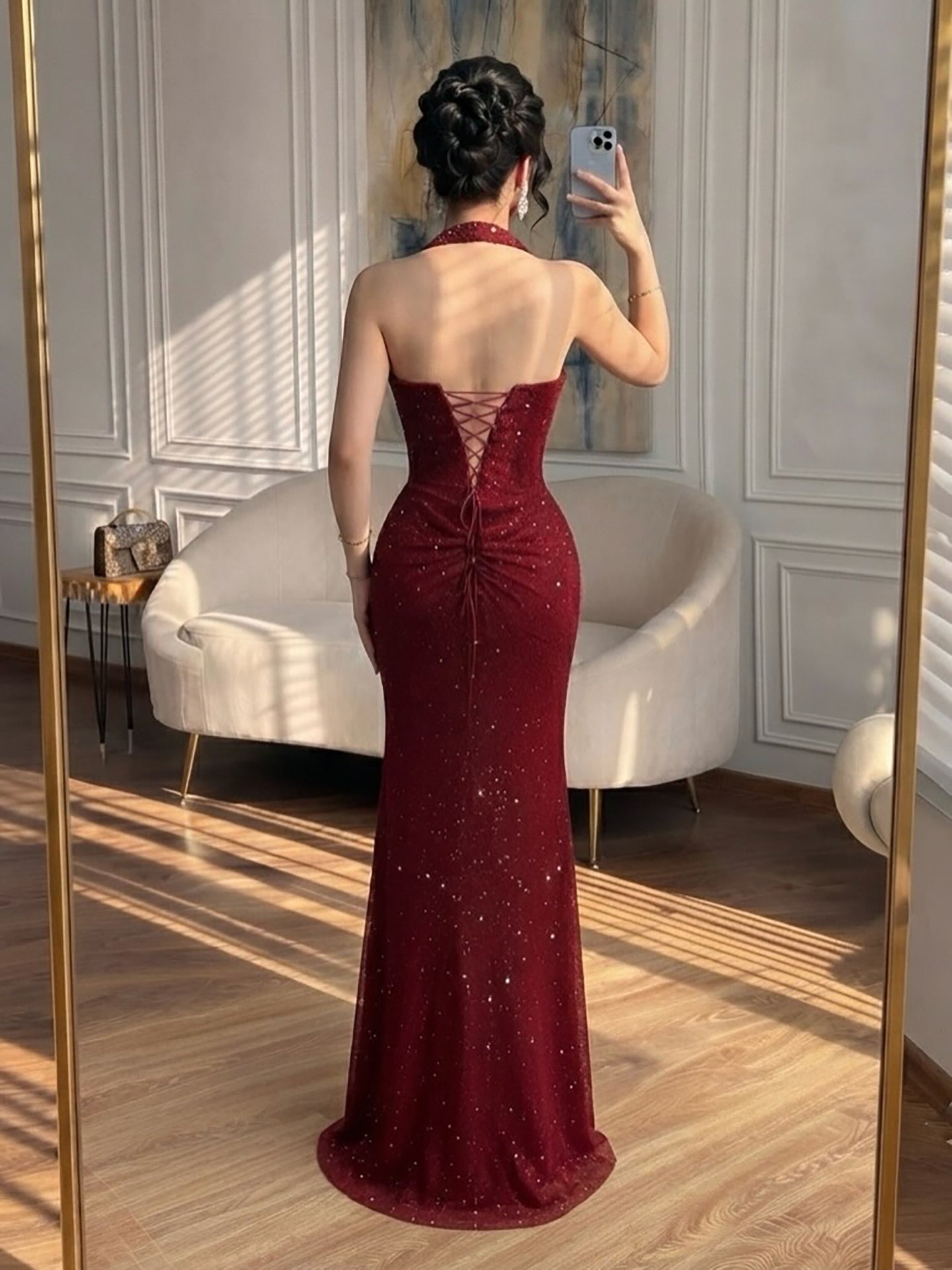 Luxury Gold Halter Crystal Beaded Mermaid Evening Dress LA73410B SERENE HILL