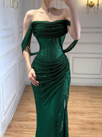 Luxury Green Off Shoulder Corset Mermaid Evening Dress LA73410C - SERENE  HILL