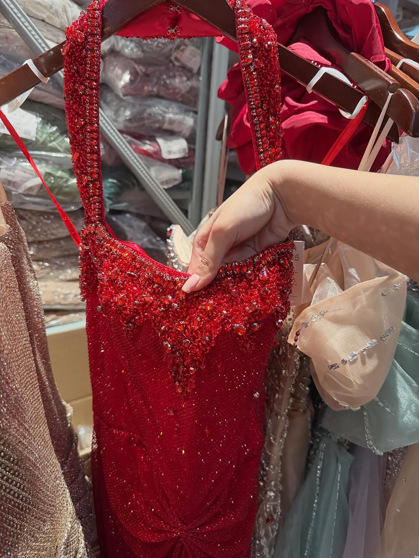 uxury Red Crystal Mermaid Evening Dress Detachable Cape LA73410F SERENE HILL