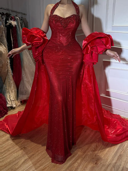 uxury Red Crystal Mermaid Evening Dress Detachable Cape LA73410F SERENE HILL