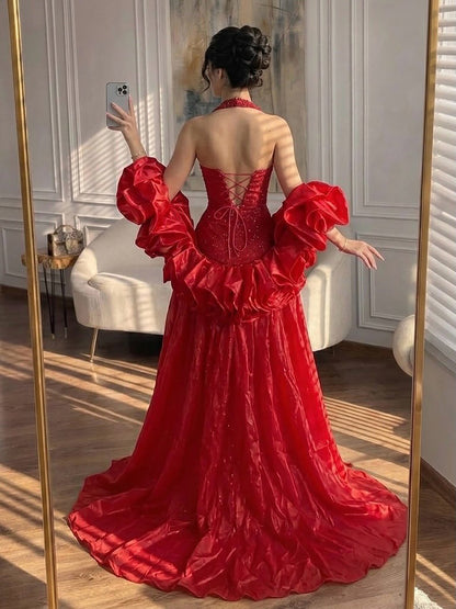 uxury Red Crystal Mermaid Evening Dress Detachable Cape LA73410F SERENE HILL