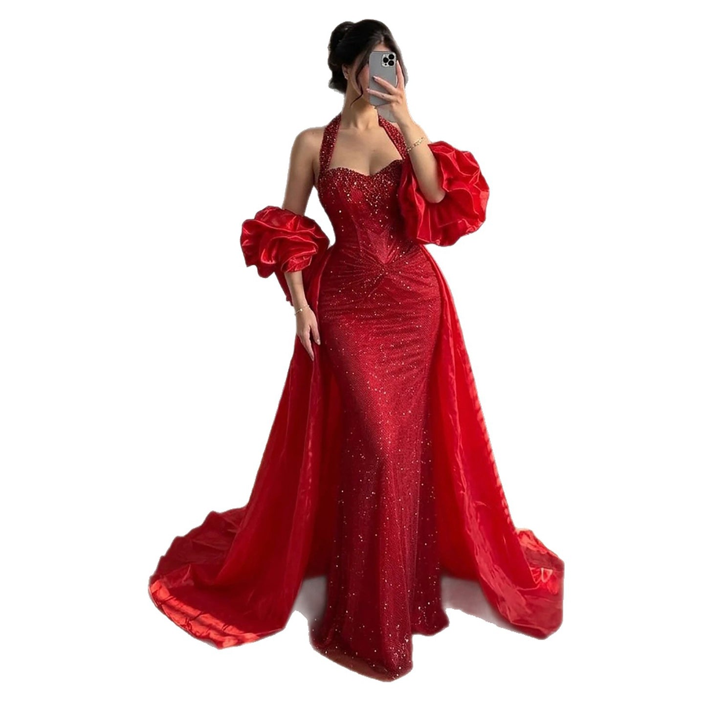 uxury Red Crystal Mermaid Evening Dress Detachable Cape LA73410F SERENE HILL