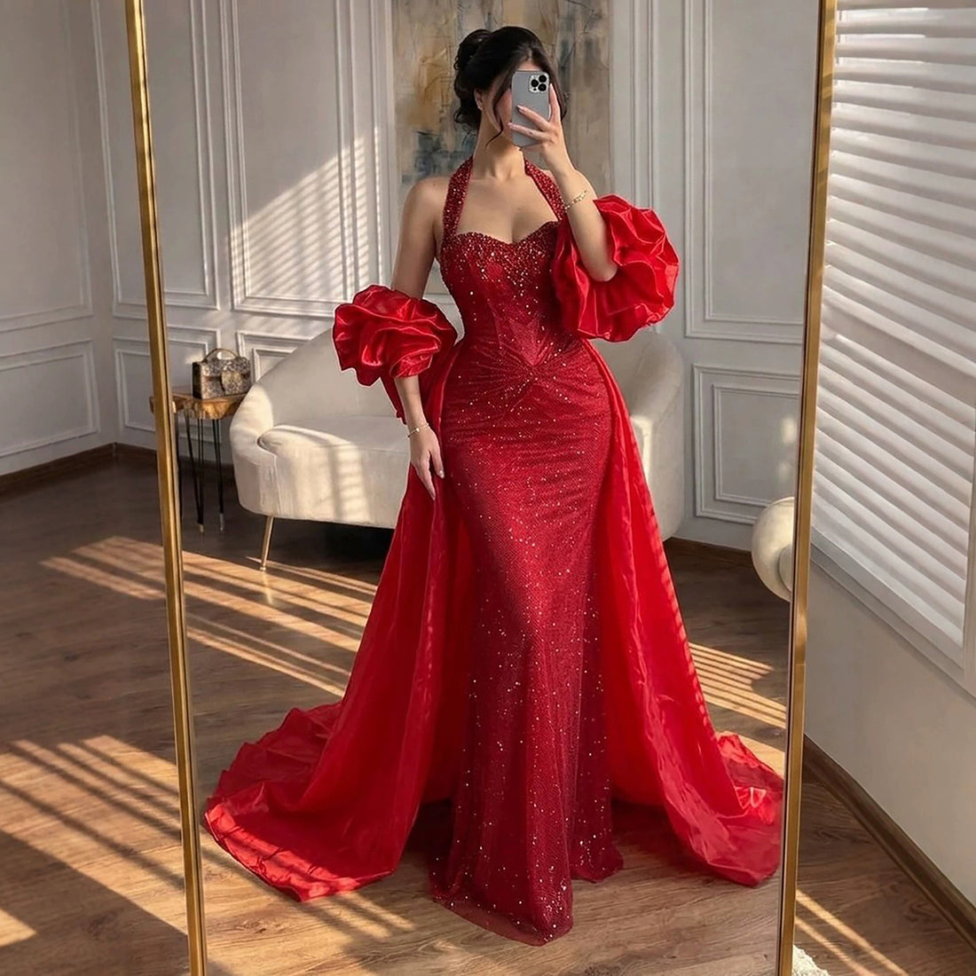 uxury Red Crystal Mermaid Evening Dress Detachable Cape LA73410F SERENE HILL