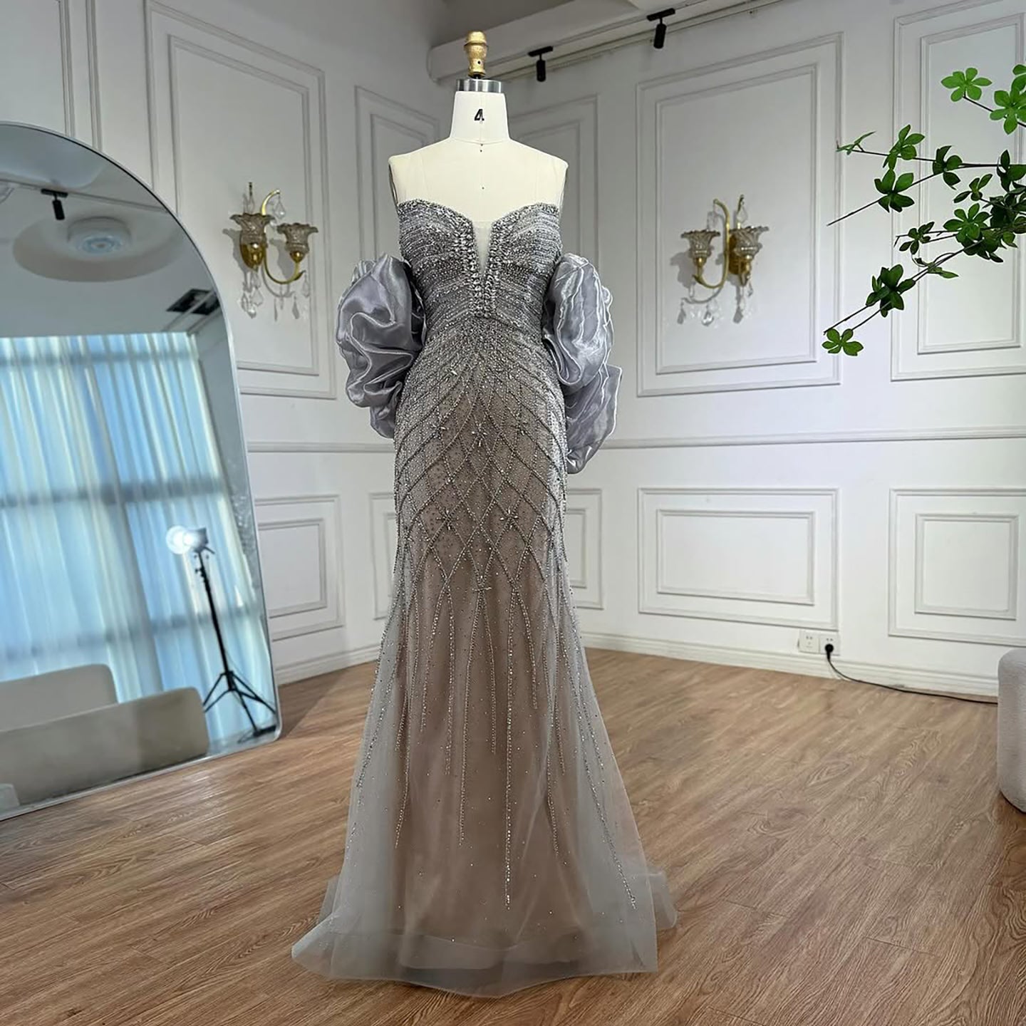 Serene Hill Beaded Gray Diamond Evening Dress With Cape LA73411 - SERENE  HILL