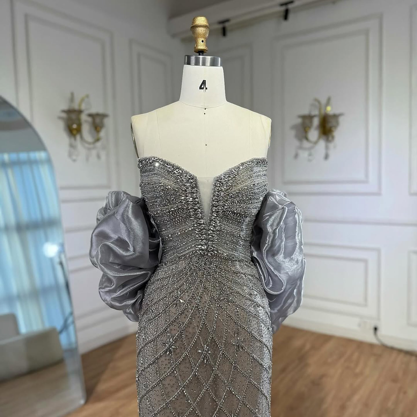 Serene Hill Beaded Gray Diamond Evening Dress With Cape LA73411 - SERENE  HILL