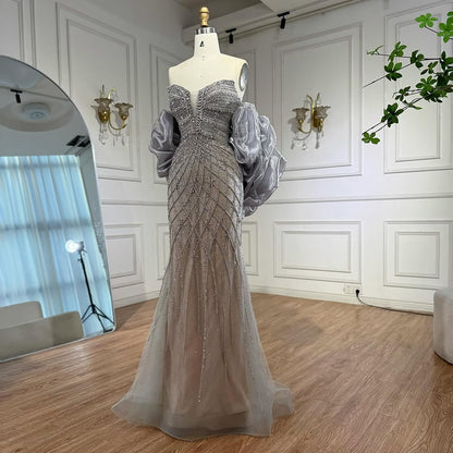 Serene Hill Beaded Gray Diamond Evening Dress With Cape LA73411 - SERENE  HILL