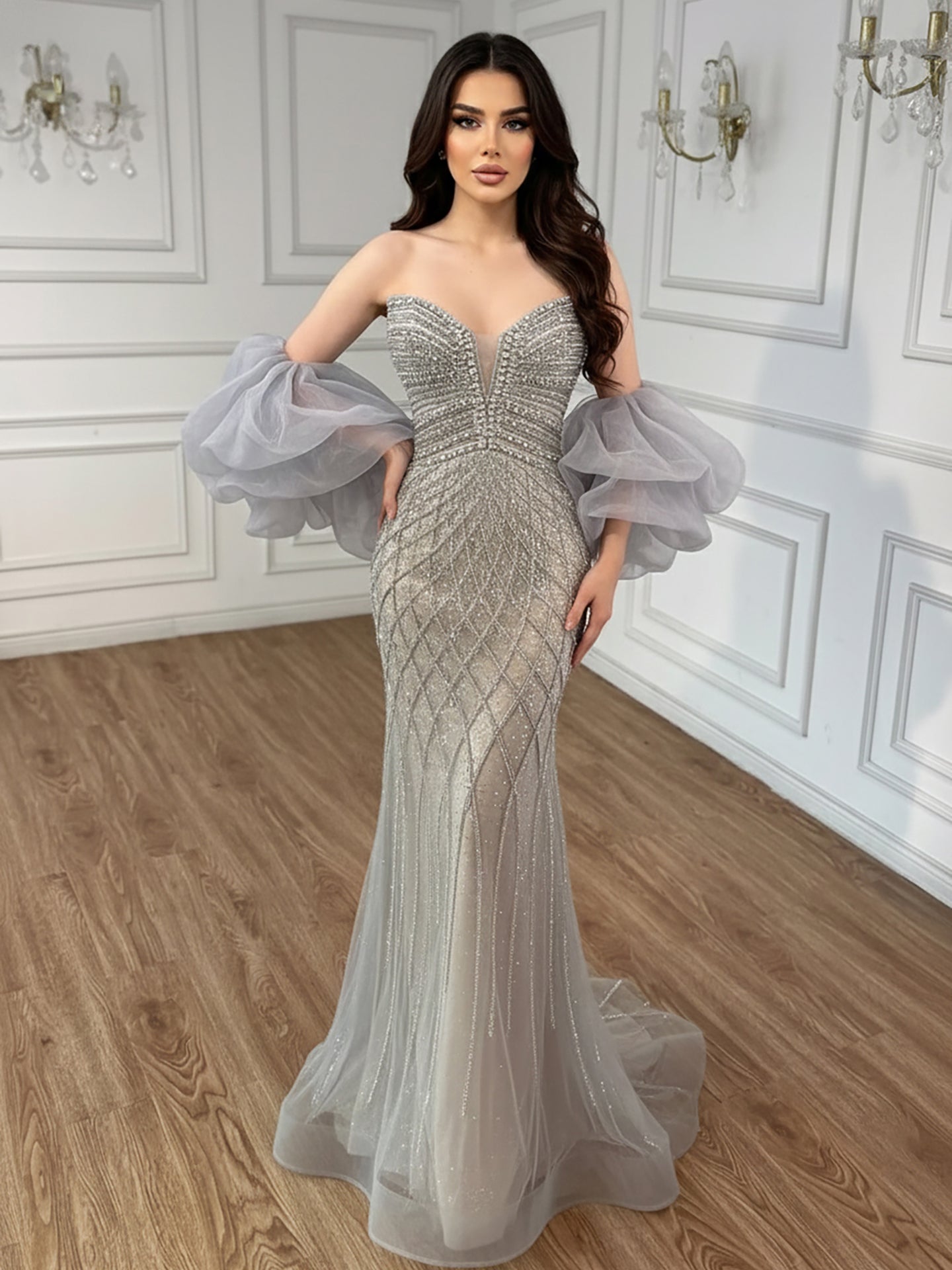 Serene Hill Beaded Gray Diamond Evening Dress With Cape LA73411 Grey / 10