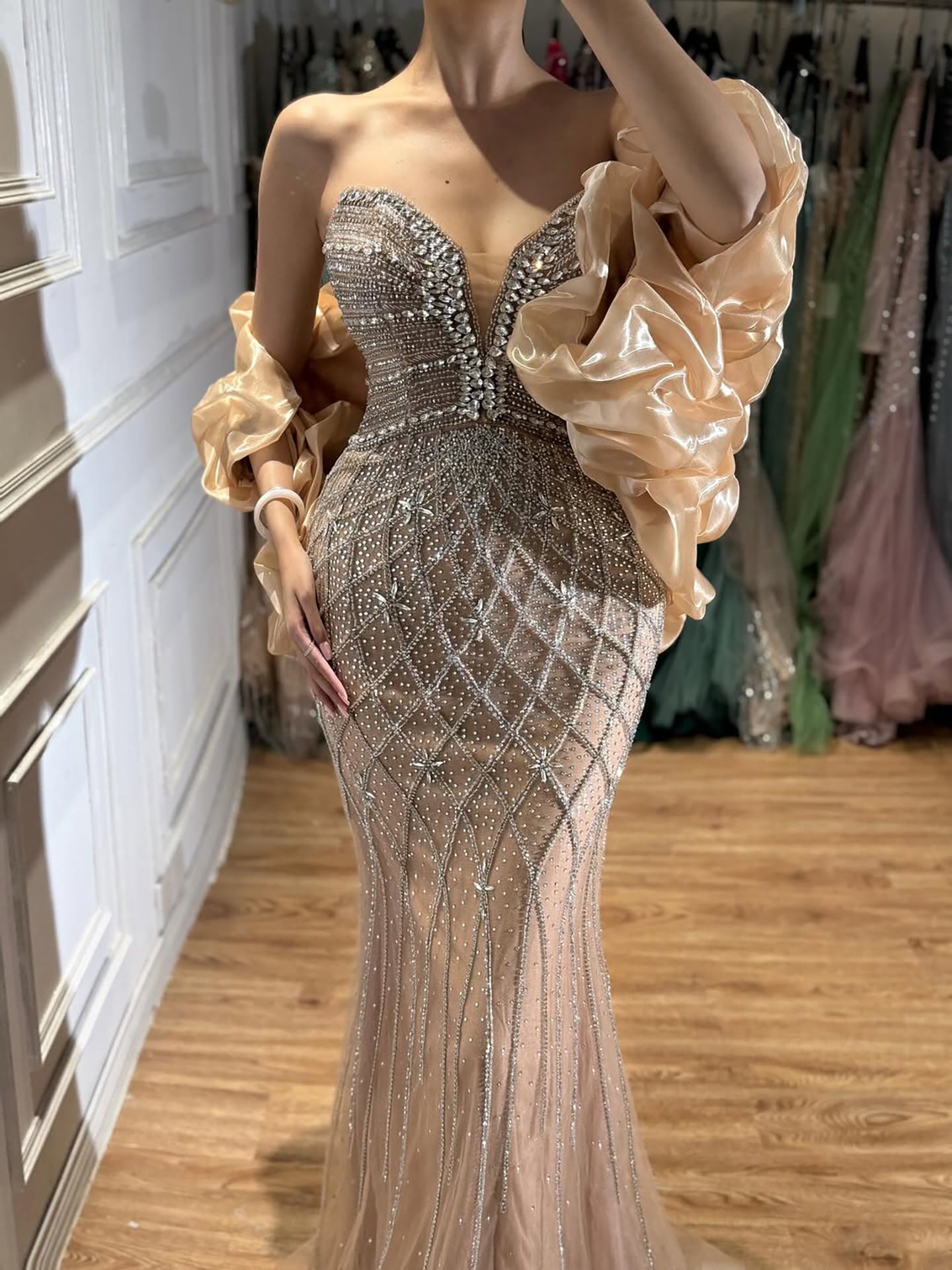 Serene Hill Beaded Gray Diamond Evening Dress With Cape LA73411 SERENE HILL