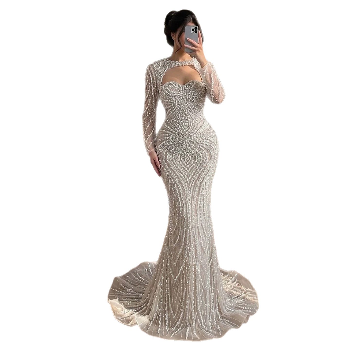 Luxury Nude Crystal Beaded Long Sleeve Mermaid Evening Dress LA73412 SERENE HILL