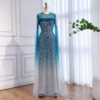 Luxury Arabic Gradient Green Mermaid Evening Dress With Cape LA73414 - SERENE HILL