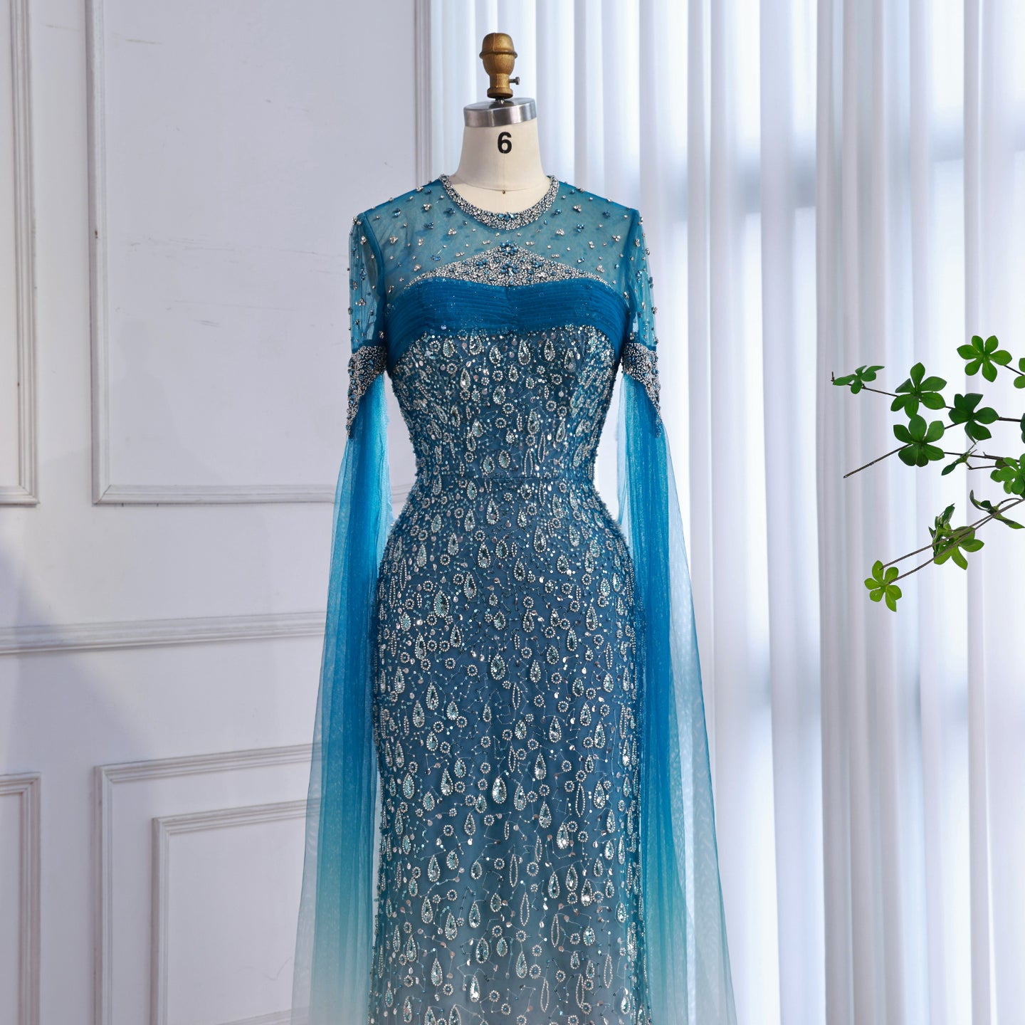 Luxury Arabic Gradient Green Mermaid Evening Dress With Cape LA73414 - SERENE HILL