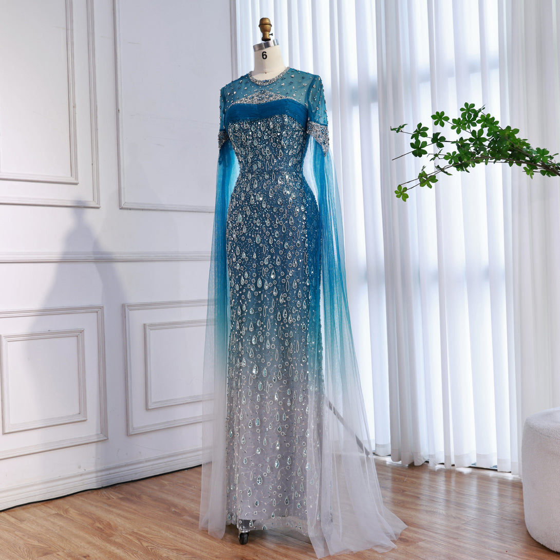 Luxury Arabic Gradient Green Mermaid Evening Dress with Cape LA73414 - Green / 4