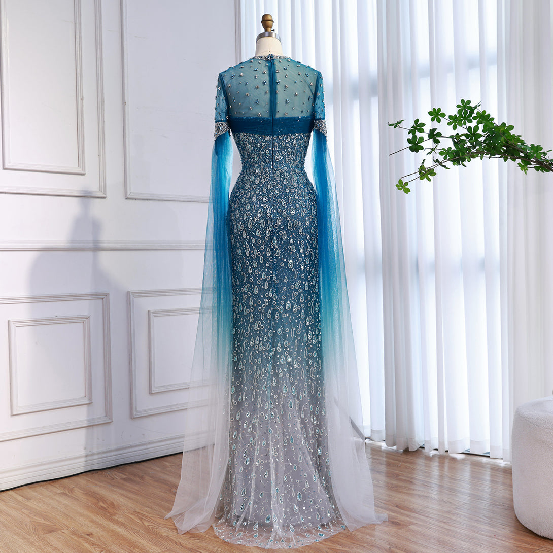 Luxury Arabic Gradient Green Mermaid Evening Dress with Cape LA73414 Green / 4