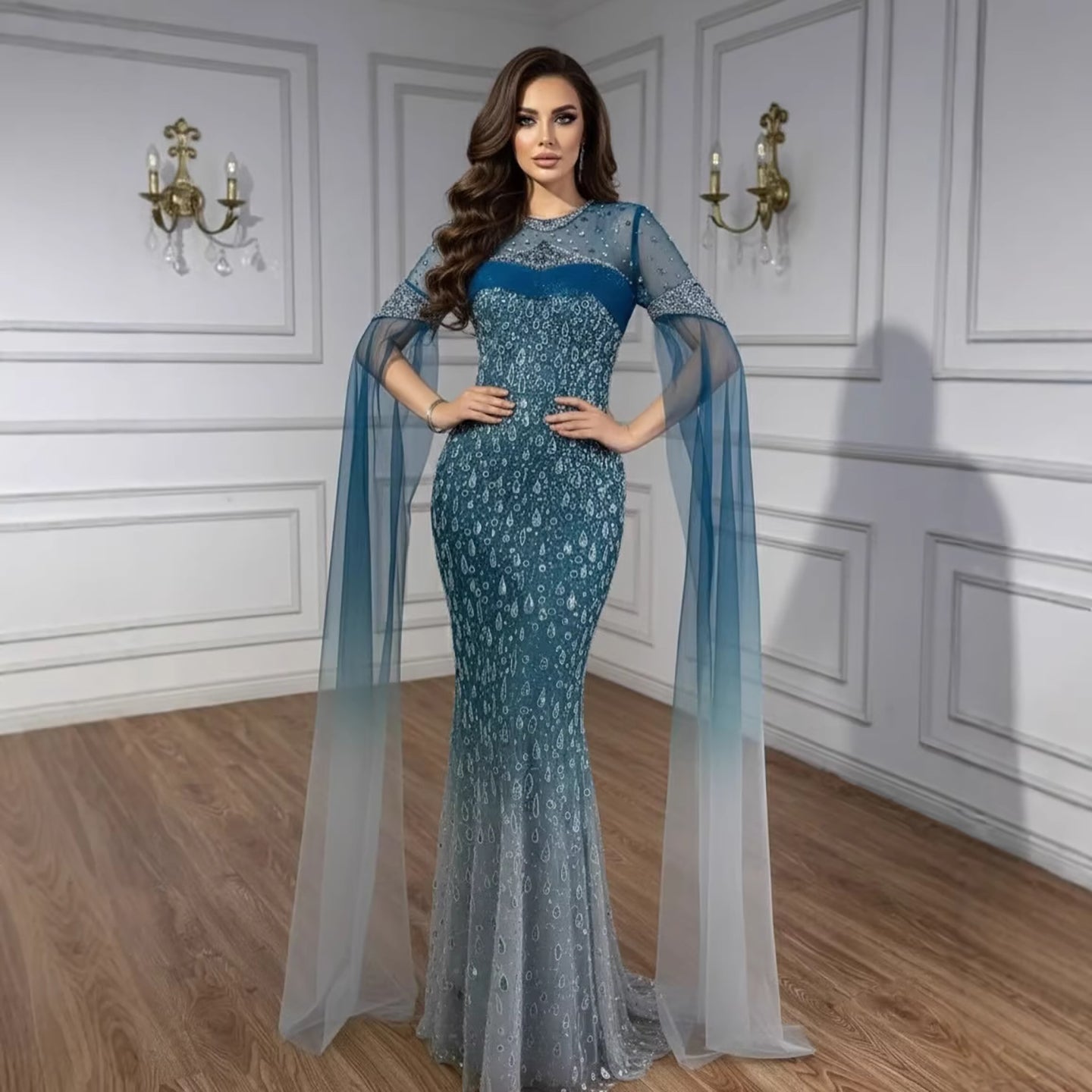 Luxury Arabic Gradient Green Mermaid Evening Dress With Cape LA73414 - SERENE HILL