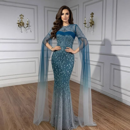Luxury Arabic Gradient Green Mermaid Evening Dress With Cape LA73414 - SERENE HILL