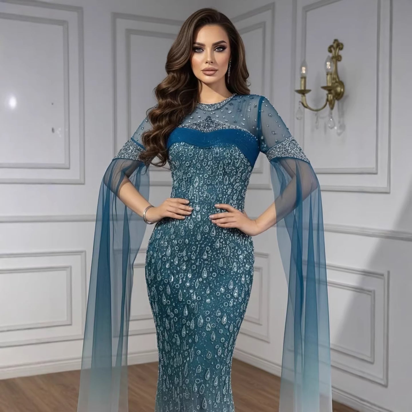 Luxury Arabic Gradient Green Mermaid Evening Dress With Cape LA73414 - SERENE HILL