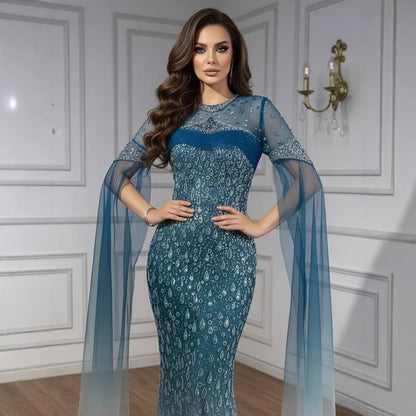 Luxury Arabic Gradient Green Mermaid Evening Dress With Cape LA73414 - SERENE HILL