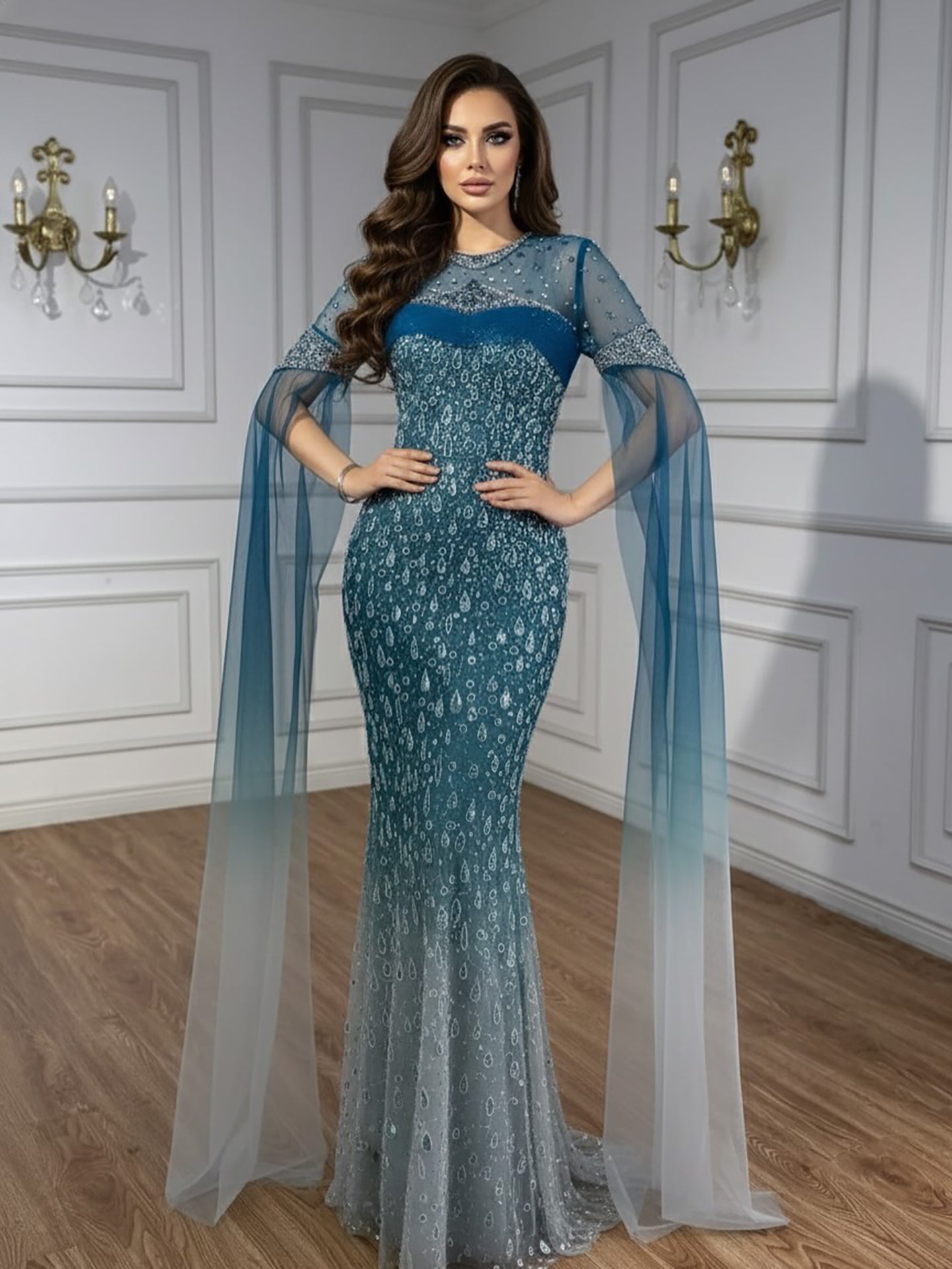 Luxury Arabic Gradient Green Mermaid Evening Dress With Cape LA73414 Green / 16