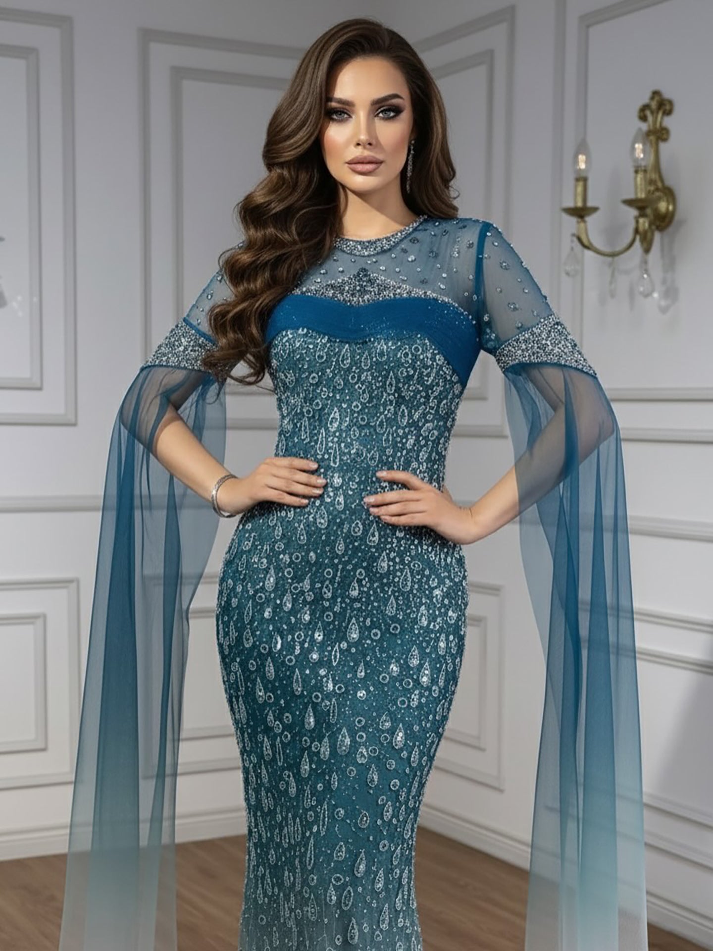 Luxury Arabic Gradient Green Mermaid Evening Dress With Cape LA73414 - SERENE HILL