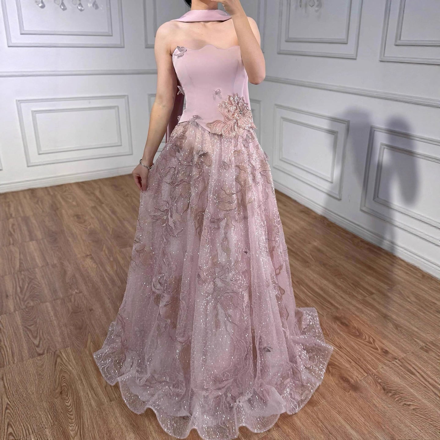 Luxury Designer Arabic Pink Strapless A-Line Crystal Evening Dress LA73415 - SERENE  HILL