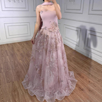 Luxury Designer Arabic Pink Strapless A-Line Crystal Evening Dress LA73415 - SERENE  HILL