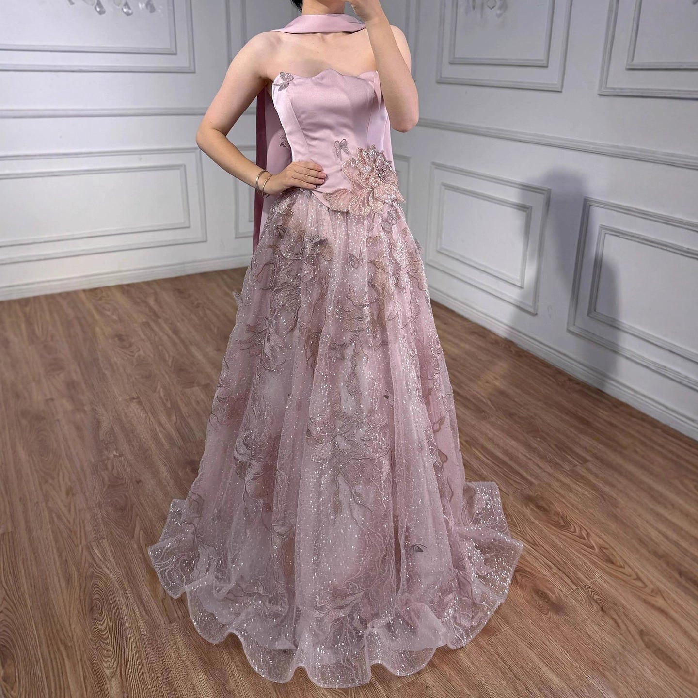 Luxury Designer Arabic Pink Strapless A-Line Crystal Evening Dress LA73415 - SERENE  HILL
