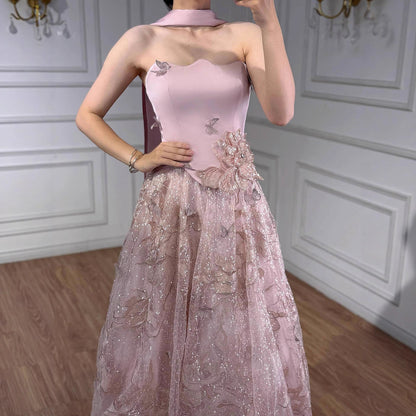 Luxury Designer Arabic Pink Strapless A-Line Crystal Evening Dress LA73415 - SERENE  HILL
