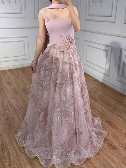 Luxury Designer Arabic Pink Strapless A-Line Crystal Evening Dress LA73415 - SERENE  HILL