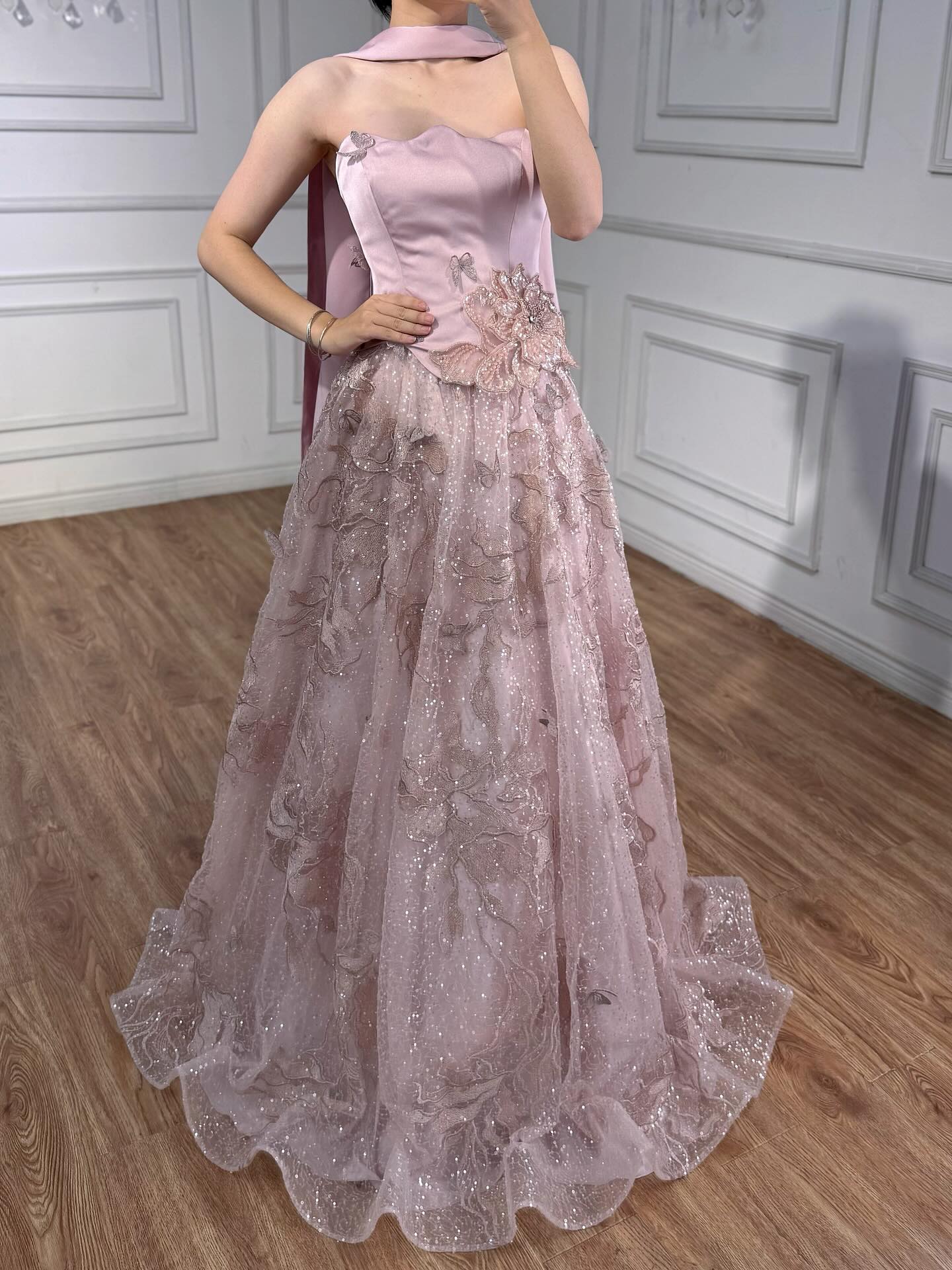 Luxury Designer Arabic Pink Strapless A-Line Crystal Evening Dress LA73415 - SERENE  HILL