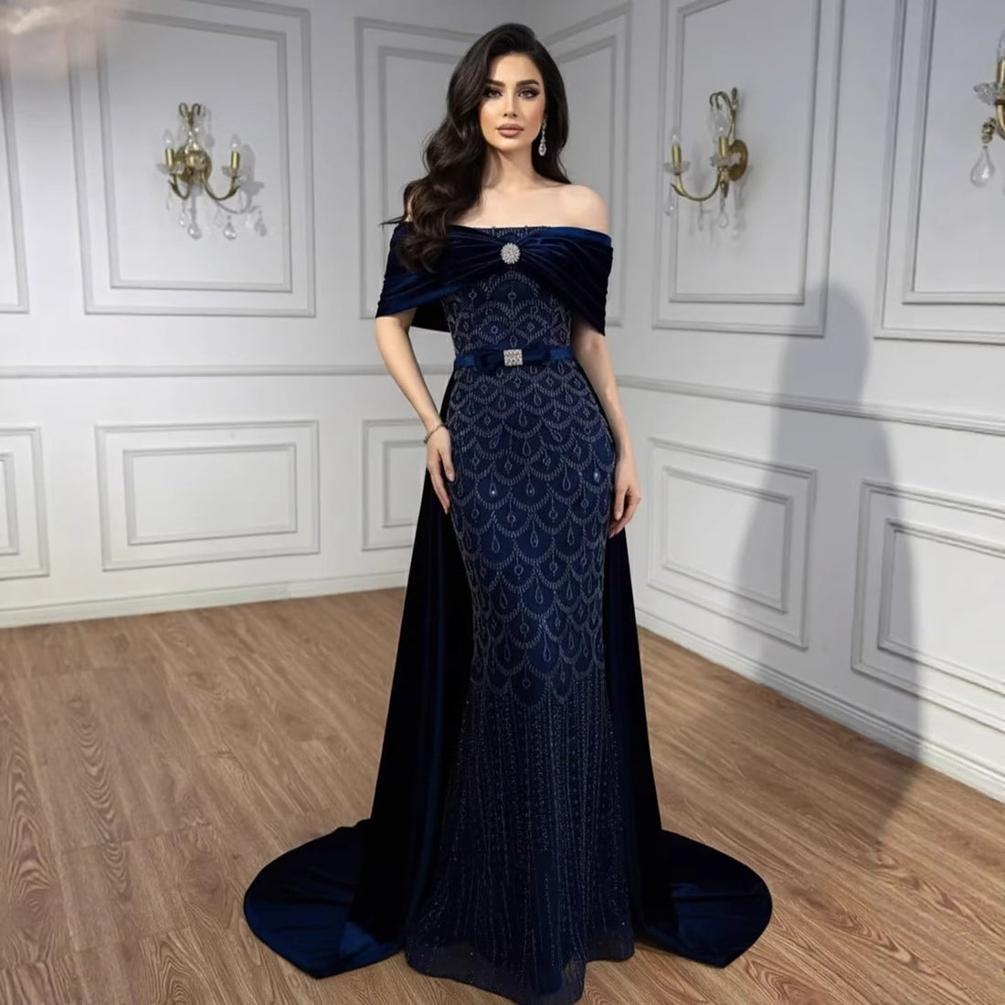 Luxury Arabic Navy Blue Evening Dress LA73416 - SERENE HILL