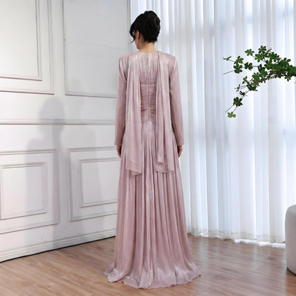 Modest Beige Corset Long Evening Dress With Cape LA73418 - SERENE  HILL